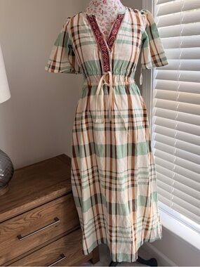 Spartina 449 NWT Neutral Coastal Plaid Midi Dress  $248 Retail XS